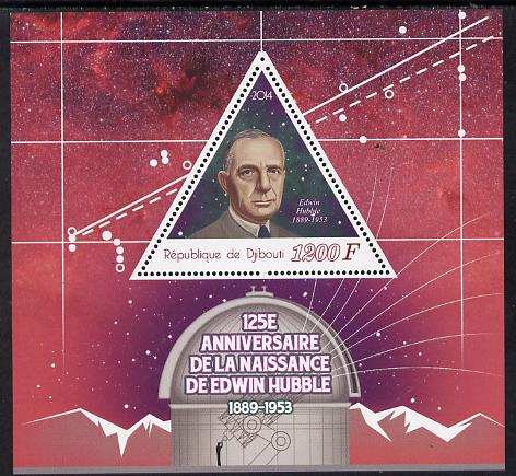 Djibouti 2014 125th Birth Anniversary of Edwin Hubble perf sheetlet containing triangular value unmounted mint, stamps on , stamps on  stamps on shaped, stamps on  stamps on triangular, stamps on  stamps on triangles, stamps on  stamps on space, stamps on  stamps on science, stamps on  stamps on astronomy