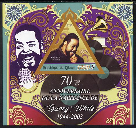 Djibouti 2014 70th Birth Anniversary of Barry White imperf sheetlet containing triangular value unmounted mint, stamps on , stamps on  stamps on shaped, stamps on  stamps on triangular, stamps on  stamps on triangles, stamps on  stamps on music, stamps on  stamps on rock, stamps on  stamps on pops