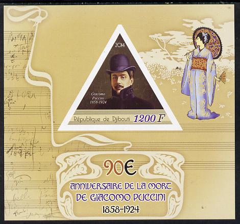 Djibouti 2014 90th Death Anniversary of Giacomo Puccini imperf sheetlet containing triangular value unmounted mint, stamps on , stamps on  stamps on shaped, stamps on  stamps on triangular, stamps on  stamps on triangles, stamps on  stamps on music, stamps on  stamps on composers, stamps on  stamps on opera