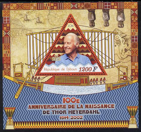 Djibouti 2014 Birth Centenary of Thor Heyerdahl perf sheetlet containing triangular value unmounted mint, stamps on , stamps on  stamps on shaped, stamps on  stamps on triangular, stamps on  stamps on triangles, stamps on  stamps on explorer