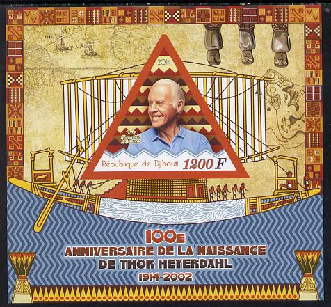 Djibouti 2014 Birth Centenary of Thor Heyerdahl imperf sheetlet containing triangular value unmounted mint, stamps on shaped, stamps on triangular, stamps on triangles, stamps on explorer