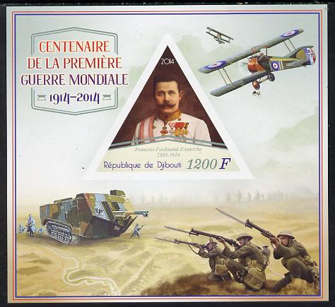 Djibouti 2014 Centenary of Start of First World War imperf sheetlet containing triangular value unmounted mint, stamps on , stamps on  stamps on shaped, stamps on  stamps on triangular, stamps on  stamps on triangles, stamps on  stamps on  ww1 , stamps on  stamps on militaria, stamps on  stamps on aviation, stamps on  stamps on tanks