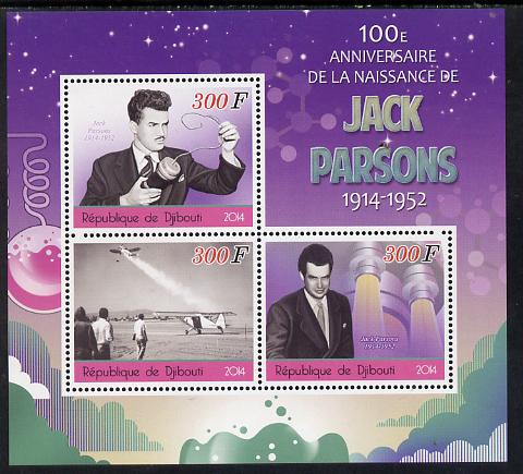 Djibouti 2014 Birth Centenary of Jack Parsons perf sheetlet containing 3 values unmounted mint, stamps on , stamps on  stamps on , stamps on  stamps on science, stamps on  stamps on space, stamps on  stamps on rockets