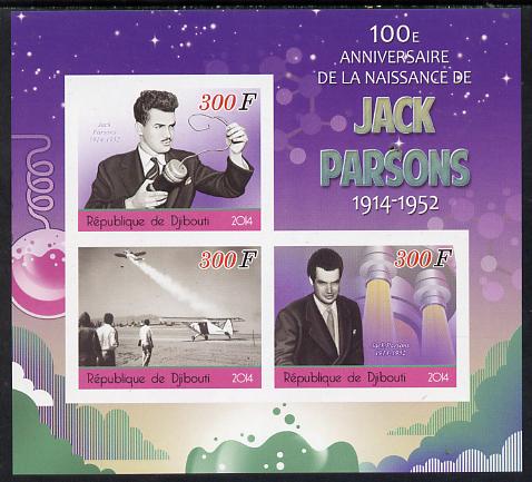 Djibouti 2014 Birth Centenary of Jack Parsons imperf sheetlet containing 3 values unmounted mint, stamps on , stamps on  stamps on science, stamps on  stamps on space, stamps on  stamps on rockets