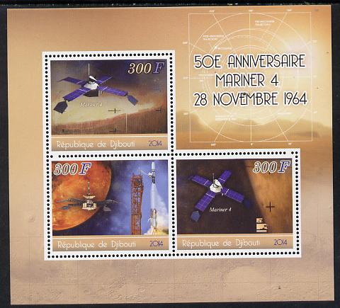 Djibouti 2014 50th Anniversary of Launch of Mariner 4 perf sheetlet containing 3 values unmounted mint, stamps on , stamps on  stamps on space, stamps on  stamps on mariner, stamps on  stamps on satellites, stamps on  stamps on mars, stamps on  stamps on 