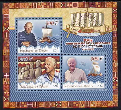 Djibouti 2014 Birth Centenary of Thor Heyerdahl perf sheetlet containing 3 values unmounted mint, stamps on explorer