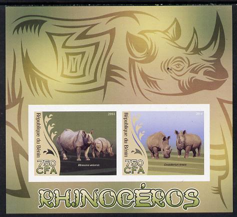 Benin 2014 Rhinos imperf sheetlet containing 2 values unmounted mint, stamps on animals, stamps on rhinos