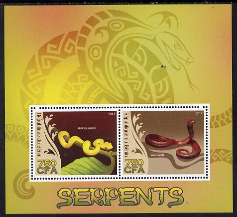 Benin 2014 Snakes perf sheetlet containing 2 values unmounted mint, stamps on , stamps on  stamps on animals, stamps on  stamps on snakes, stamps on  stamps on reptiles
