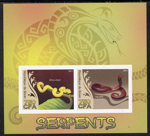 Benin 2014 Snakes imperf sheetlet containing 2 values unmounted mint, stamps on , stamps on  stamps on animals, stamps on  stamps on snakes, stamps on  stamps on reptiles