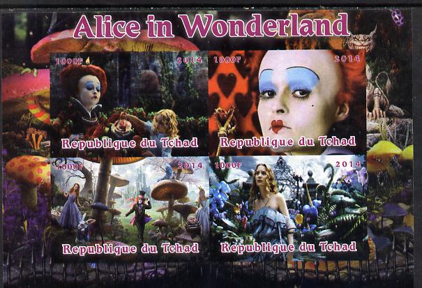 Chad 2014 Alice in Wonderland imperf sheetlet containing 4 values unmounted mint. Note this item is privately produced and is offered purely on its thematic appeal. . , stamps on disney, stamps on films, stamps on cinema, stamps on movies