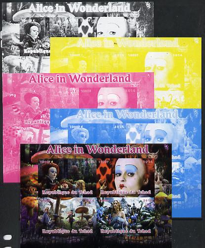 Chad 2014 Alice in Wonderland sheetlet containing 4 values - the set of 5 imperf progressive proofs comprising the 4 individual colours plus all 4-colour composite, unmou..., stamps on disney, stamps on films, stamps on cinema, stamps on movies