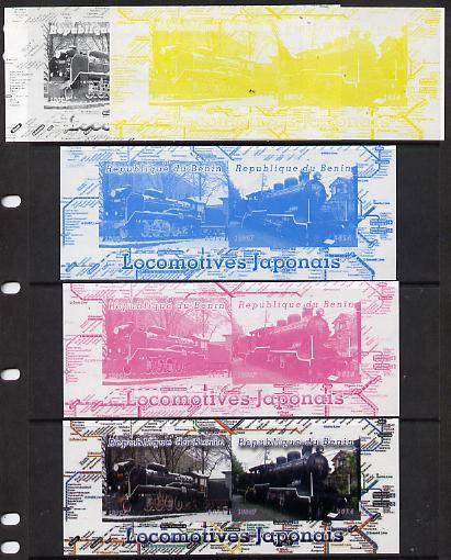 Benin 2014 Japanese Locomotives sheetlet containing 2 values - the set of 5 imperf progressive proofs comprising the 4 individual colours plus all 4-colour composite, unm..., stamps on railways