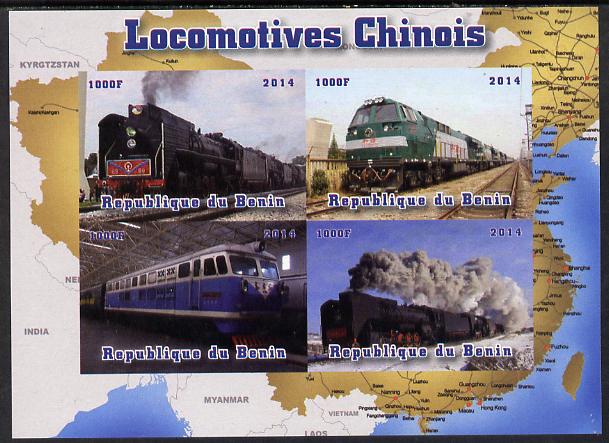 Benin 2014 Chinese Locomotives imperf sheetlet containing 4 values unmounted mint. Note this item is privately produced and is offered purely on its thematic appeal, stamps on , stamps on  stamps on railways