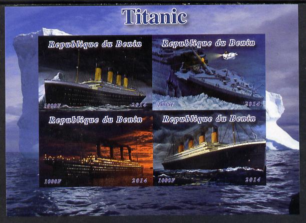 Benin 2014 Titanic imperf sheetlet containing 4 values unmounted mint. Note this item is privately produced and is offered purely on its thematic appeal, stamps on , stamps on  stamps on ships, stamps on  stamps on titanic, stamps on  stamps on films, stamps on  stamps on movies, stamps on  stamps on cinena, stamps on  stamps on disasters