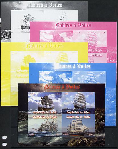 Chad 2014 Sailing Ships #2 sheetlet containing 4 values - the set of 5 imperf progressive proofs comprising the 4 individual colours plus all 4-colour composite, unmoun, stamps on , stamps on  stamps on ships, stamps on  stamps on 