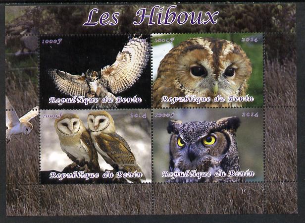 Benin 2014 Owls perf sheetlet containing 4 values unmounted mint. Note this item is privately produced and is offered purely on its thematic appeal, stamps on , stamps on  stamps on birds, stamps on  stamps on birds of prey, stamps on  stamps on owls