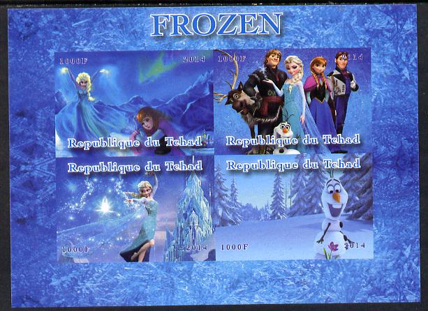 Chad 2014 Walt Disney's Frozen #2 imerf sheetlet containing 4 values unmounted mint. Note this item is privately produced and is offered purely on its thematic appeal. . , stamps on disney, stamps on films, stamps on cinema, stamps on movies