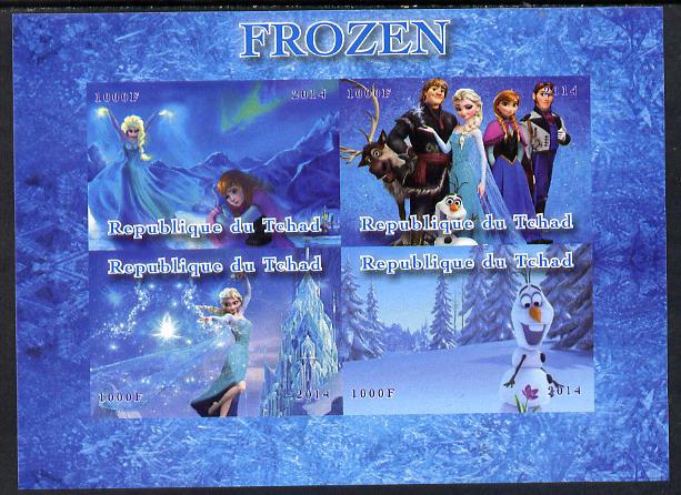 Chad 2014 Walt Disneys Frozen #2 imerf sheetlet containing 4 values unmounted mint. Note this item is privately produced and is offered purely on its thematic appeal. . , stamps on disney, stamps on films, stamps on cinema, stamps on movies