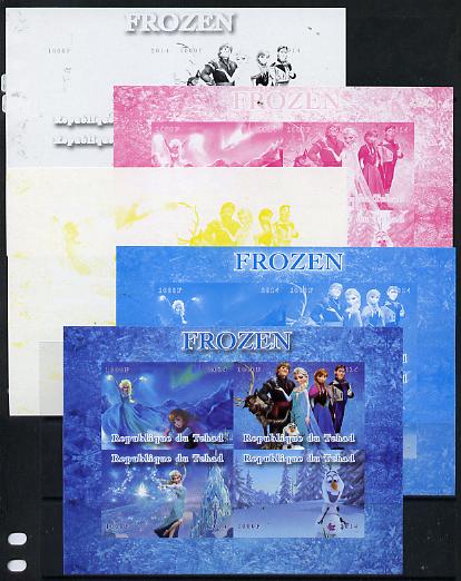 Chad 2014 Walt Disney's Frozen #2 sheetlet containing 4 values - the set of 5 imperf progressive proofs comprising the 4 individual colours plus all 4-colour composite, unmoun, stamps on , stamps on  stamps on disney, stamps on  stamps on films, stamps on  stamps on cinema, stamps on  stamps on movies