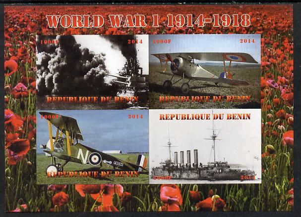 Benin 2014 Centenary of Outbreak of First World War imperf sheetlet containing 4 values unmounted mint. Note this item is privately produced and is offered purely on its thematic appeal, stamps on , stamps on  stamps on , stamps on  stamps on  ww1 , stamps on  stamps on aviation, stamps on  stamps on ships