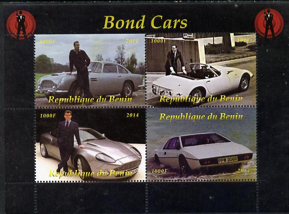 Benin 2014 Bond Cars perf sheetlet containing 4 values unmounted mint. Note this item is privately produced and is offered purely on its thematic appeal, stamps on films, stamps on cinema, stamps on movies, stamps on bond, stamps on  spy , stamps on cars, stamps on aston martin, stamps on 