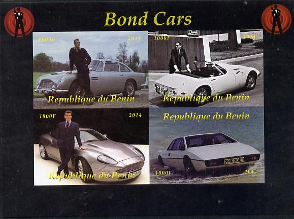 Benin 2014 Bond Cars imperf sheetlet containing 4 values unmounted mint. Note this item is privately produced and is offered purely on its thematic appeal, stamps on films, stamps on cinema, stamps on movies, stamps on bond, stamps on  spy , stamps on cars, stamps on aston martin, stamps on 