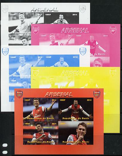 Benin 2014 Arsenal sheetlet containing 4 values - the set of 5 imperf progressive proofs comprising the 4 individual colours plus all 4-colour composite, unmounted mint, stamps on , stamps on  stamps on football