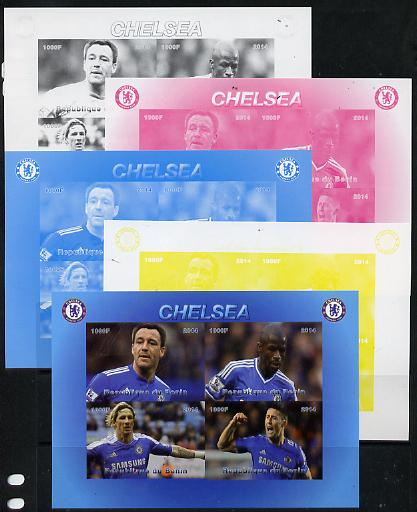 Benin 2014 Chelsea sheetlet containing 4 values - the set of 5 imperf progressive proofs comprising the 4 individual colours plus all 4-colour composite, unmounted mint, stamps on football