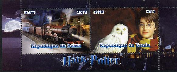 Benin 2014 Harry Potter #3 perf sheetlet containing 2 values unmounted mint. Note this item is privately produced and is offered purely on its thematic appeal, stamps on personalities, stamps on entertainments, stamps on films, stamps on cinema, stamps on fantasy, stamps on movies, stamps on railways, stamps on owls