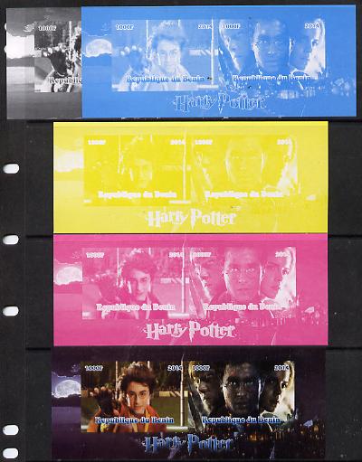 Benin 2014 Harry Potter #4 sheetlet containing 2 values - the set of 5 imperf progressive proofs comprising the 4 individual colours plus all 4-colour composite, unmounted mint, stamps on , stamps on  stamps on personalities, stamps on  stamps on entertainments, stamps on  stamps on films, stamps on  stamps on cinema, stamps on  stamps on fantasy, stamps on  stamps on movies, stamps on  stamps on 