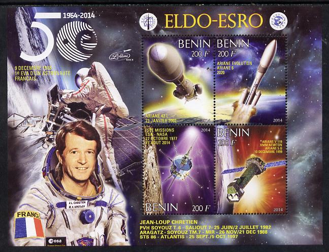 Benin 2014 European Space Research Organisation - Jean-Loup Chretien perf sheetlet containing 4 values unmounted mint, stamps on space, stamps on personalities, stamps on rockets, stamps on satellites