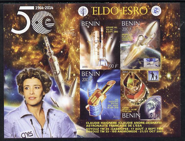 Benin 2014 European Space Research Organisation - Claudie Haignere imperf sheetlet containing 4 values unmounted mint, stamps on space, stamps on personalities, stamps on rockets, stamps on satellites
