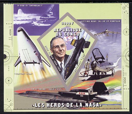 Congo 2014 Heroes of NASA - Hugh Dryden imperf sheetlet containing 4 values unmounted mint, stamps on , stamps on  stamps on space, stamps on  stamps on personalities, stamps on  stamps on rockets, stamps on  stamps on satellites