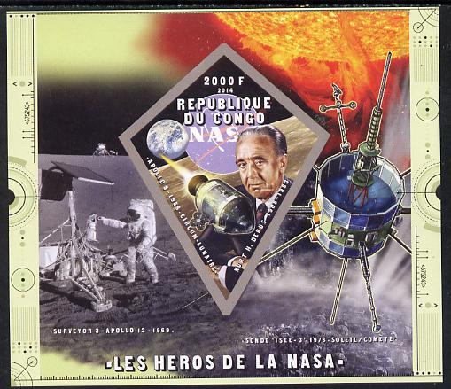 Congo 2014 Heroes of NASA - Kurt H Debus imperf sheetlet containing 4 values unmounted mint, stamps on , stamps on  stamps on space, stamps on  stamps on personalities, stamps on  stamps on rockets, stamps on  stamps on satellites