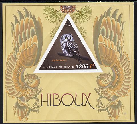 Djibouti 2014 Owls imperf s/sheet containing one triangular-shaped value unmounted mint , stamps on birds, stamps on owls, stamps on birds of prey, stamps on shaped, stamps on triangular