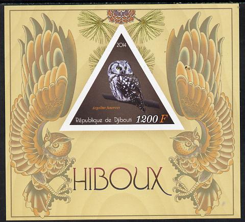 Djibouti 2014 Owls imperf s/sheet containing one triangular-shaped value unmounted mint , stamps on , stamps on  stamps on birds, stamps on  stamps on owls, stamps on  stamps on birds of prey, stamps on  stamps on shaped, stamps on  stamps on triangular