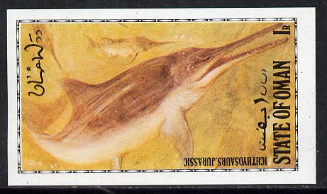 Oman 1979 Prehistoric Animals (Ichthyosaurs Jurassic) imperf souvenir sheet (1R value showing Dolphin like creature) unmounted mint, stamps on , stamps on  stamps on animals  dinosaurs   whales