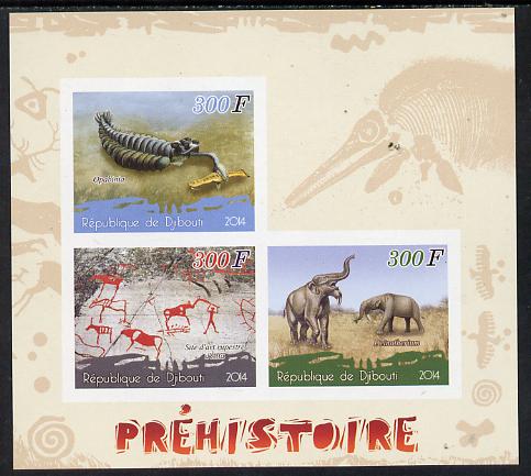 Djibouti 2014 Pre-historic imperf sheetlet containing 3 values unmounted mint , stamps on , stamps on  stamps on dinosaurs