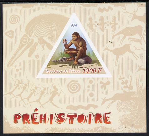 Djibouti 2014 Pre-historic imperf s/sheet containing one triangular-shaped value unmounted mint , stamps on dinosaurs, stamps on shaped, stamps on triangular