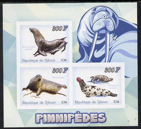 Djibouti 2014 Seals imperf sheetlet containing 3 values unmounted mint , stamps on marine life, stamps on seals, stamps on 