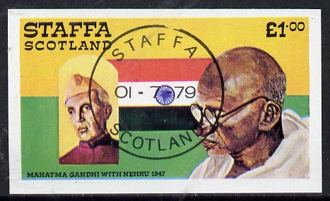 Staffa 1979 Gandhi imperf souvenir sheet cto used (£1 value) , stamps on personalities   flags    gandhi, stamps on  law , stamps on 