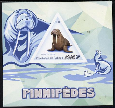 Djibouti 2014 Seals (Walrus) imperf s/sheet containing one triangular-shaped value unmounted mint , stamps on , stamps on  stamps on marine life, stamps on  stamps on seals, stamps on  stamps on shaped, stamps on  stamps on triangular