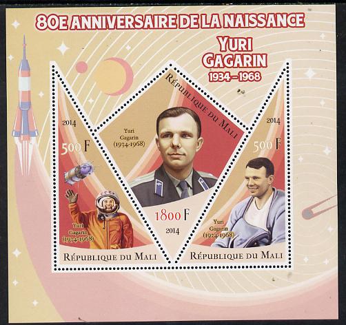 Mali 2014 80th Birth Anniversary of Yuri Gagarin perf sheetlet containing 3 values (one diamond & two triangular shaped)unmounted mint , stamps on space, stamps on rockets, stamps on satellites, stamps on shaped, stamps on diamond, stamps on triangular, stamps on gagarin, stamps on personalities
