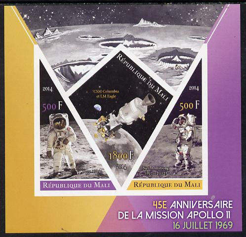 Mali 2014 45th Anniversary of Moon Landing imperf sheetlet containing 3 values (one diamond & two triangular shaped)unmounted mint , stamps on , stamps on  stamps on space, stamps on  stamps on rockets, stamps on  stamps on apollo, stamps on  stamps on shaped, stamps on  stamps on diamond, stamps on  stamps on triangular, stamps on  stamps on 