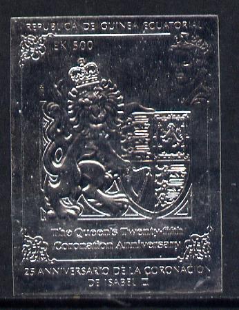 Equatorial Guinea 1978 Coronation 25th Anniversary 500ek embossed in silver foil (imperf) unmounted mint, stamps on arms, stamps on heraldry    royalty      coronation