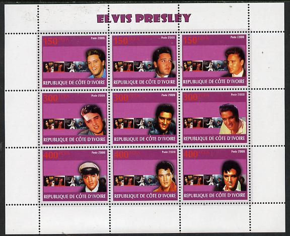 Ivory Coast 2009 Elvis Presley perf sheetlet containing 9 values unmounted mint, stamps on , stamps on  stamps on personalities, stamps on  stamps on elvis, stamps on  stamps on music, stamps on  stamps on films, stamps on  stamps on cinema, stamps on  stamps on movies, stamps on  stamps on pops, stamps on  stamps on rock