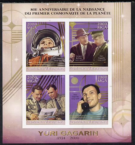 Madagascar 2014 80th Birth Anniversary of Yuri Gagarin imperf sheetlet containing 4 values unmounted mint, stamps on personalities, stamps on space, stamps on gagarin