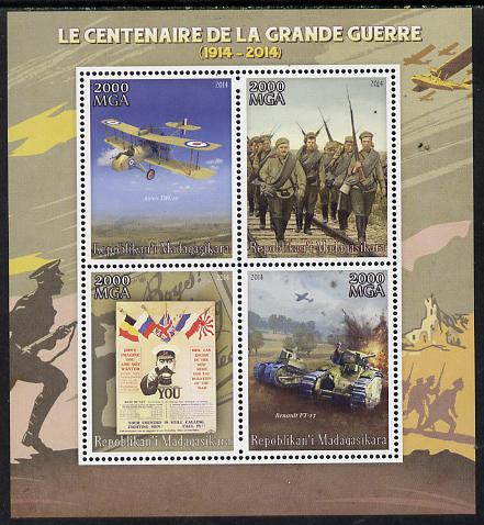 Madagascar 2014 Centenary of Start of First World War perf sheetlet containing 4 values unmounted mint, stamps on militaria, stamps on  ww1 .aviation, stamps on tanks