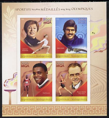 Madagascar 2014 Most Decorated Olympians imperf sheetlet containing 4 values unmounted mint, stamps on , stamps on  stamps on personalities, stamps on  stamps on olympics, stamps on  stamps on swimming, stamps on  stamps on running, stamps on  stamps on  gym , stamps on  stamps on gymnastics