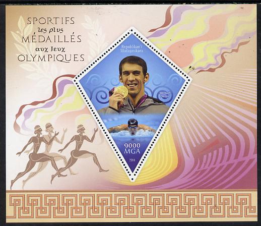 Madagascar 2014 Most Decorated Olympians perf deluxe sheet containing one diamond shaped value unmounted mint, stamps on , stamps on  stamps on personalities, stamps on  stamps on olympics, stamps on  stamps on swimming, stamps on  stamps on , stamps on  stamps on shaped, stamps on  stamps on diamond